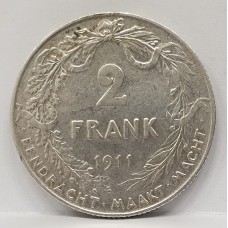 BELGIUM 1911 . TWO FRANCS COIN . KEY DATE